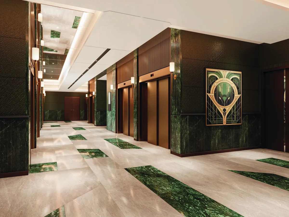 Rise With 9 polished interior visualization with premium finishes and double-height volume