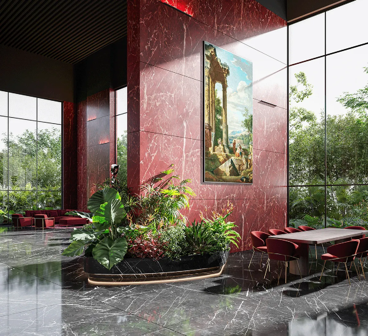 Rise With 9 triple-height arrival lobby visualization