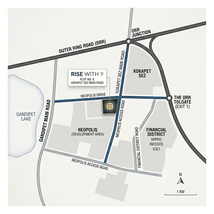 Rise With 9 location map showing Kokapet, ORR access, and nearby landmarks